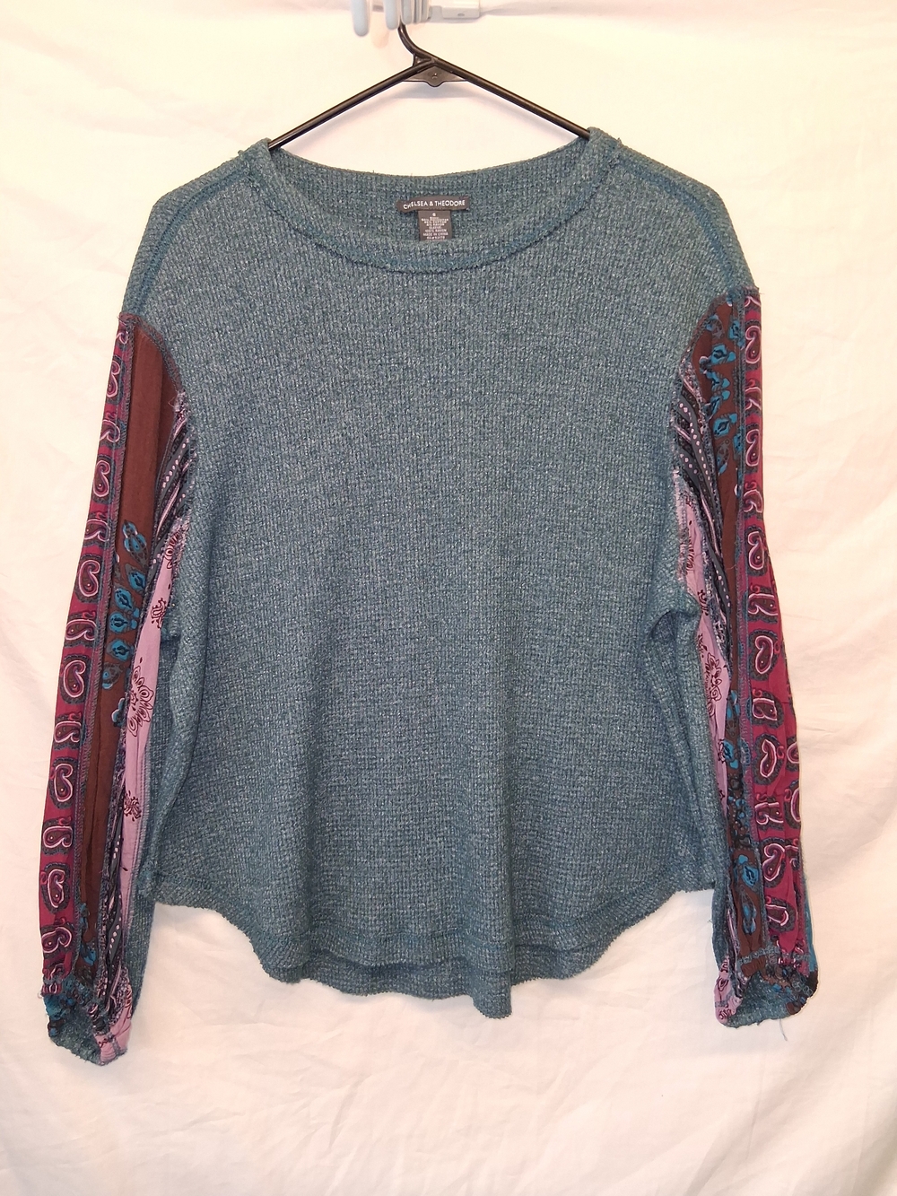 Chelsea & Theodore Teal Knit Pullover with Patterned Balloon Sleeves